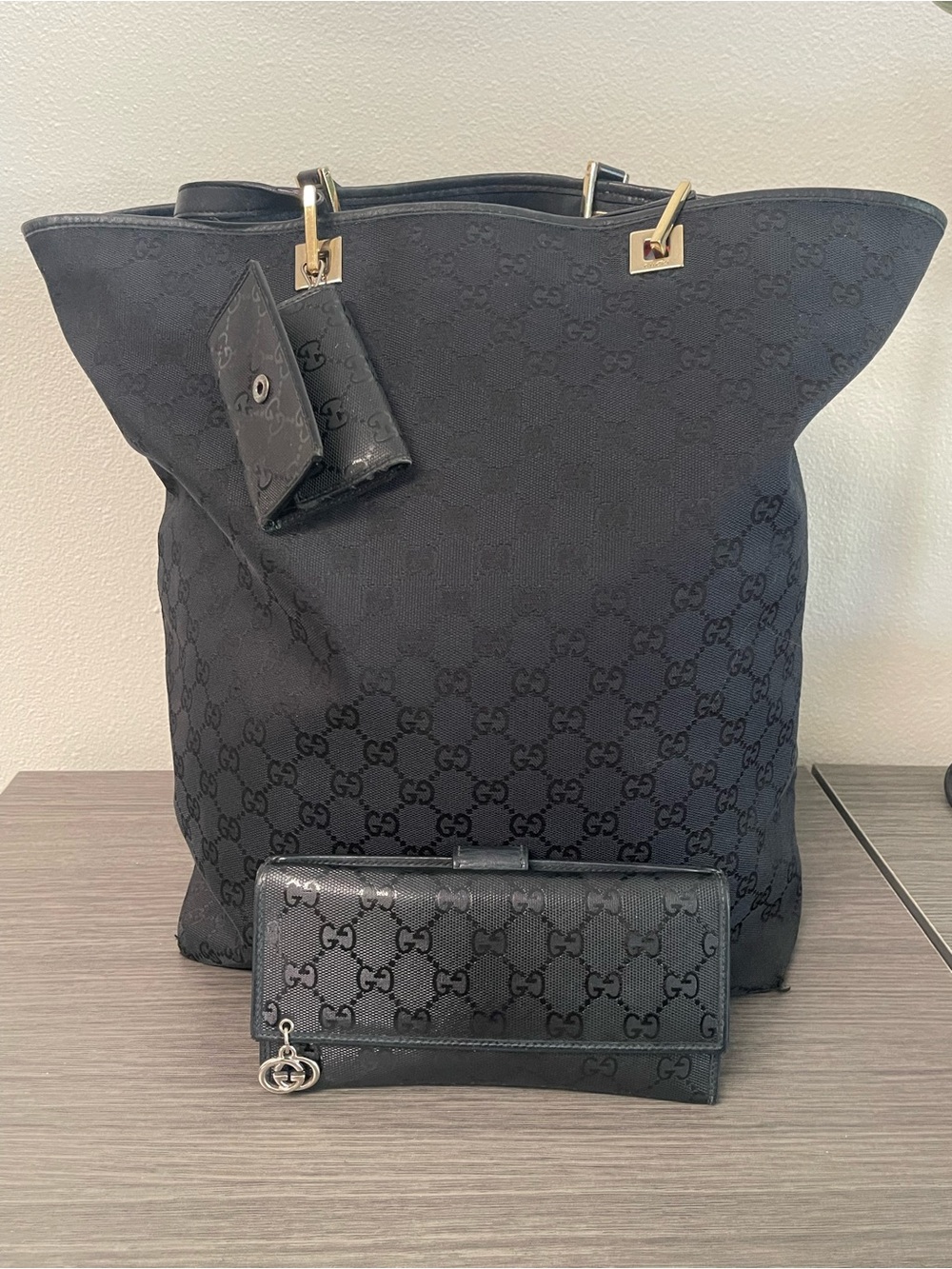 Gucci Black GG Canvas Tote with Matching Wallet and Key Pouch